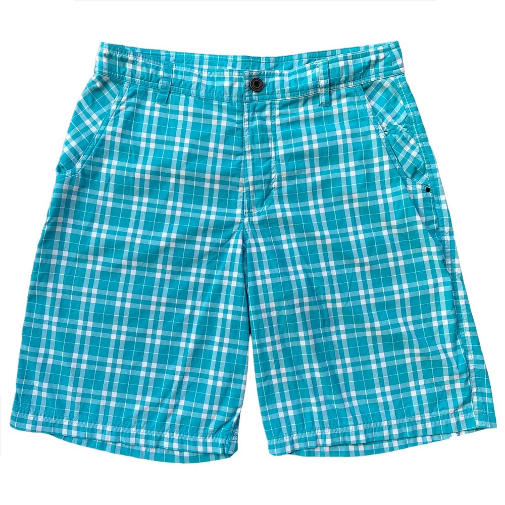 Lululemon Mens Kahuna Shorts Size 32 Plaid Turquoise White Golf 8" Inseam